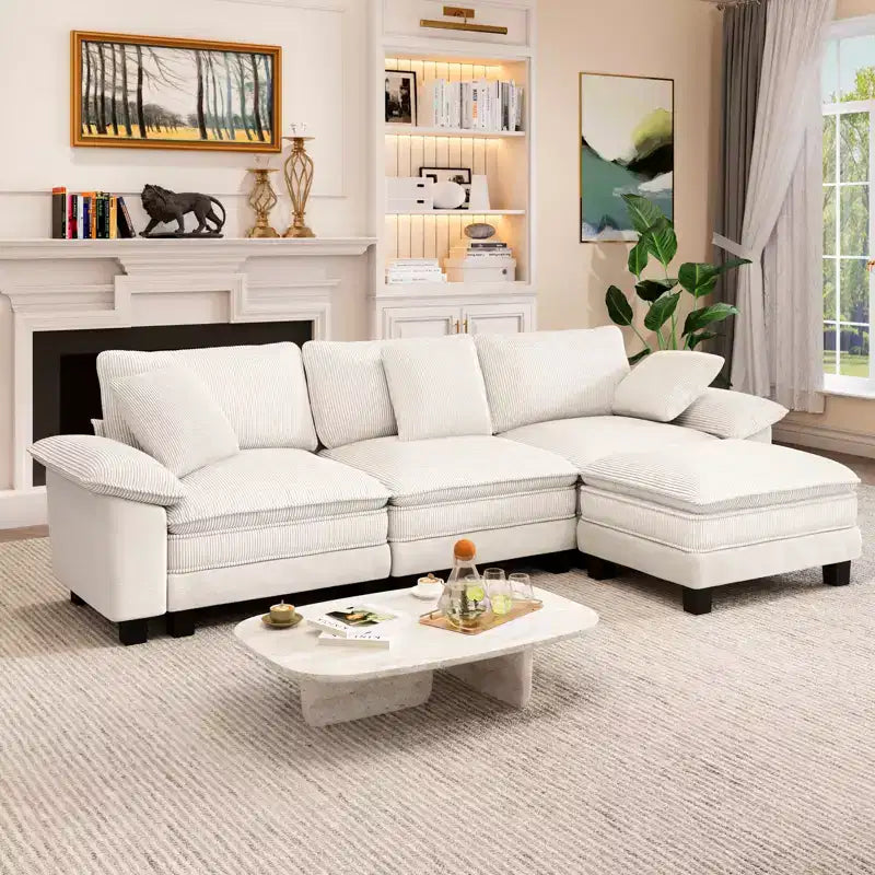 Captiva Designs 124-Inch Cloud Modular 4PC L-Shaped Sectional Sofa, Comfy Couch with Movable Ottoman and Plush Cushions, Corduroy & Chenille