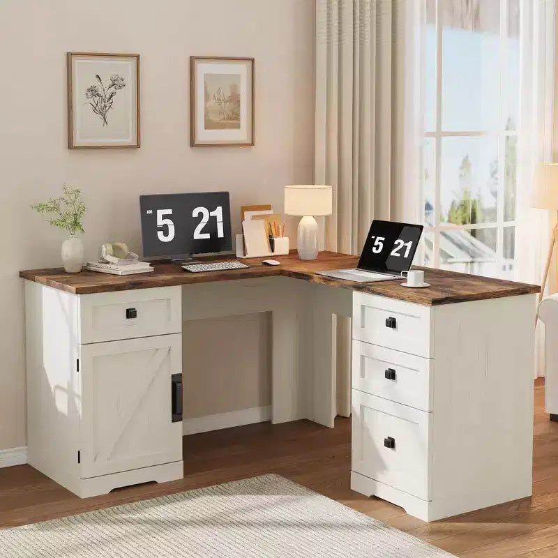 60-inch Executive L-Shaped Desk with File Drawers, Adjustable Storage Cabinet, and Corner Computer Workstation for Home Office