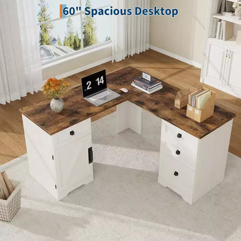 60-inch Executive L-Shaped Desk with File Drawers, Adjustable Storage Cabinet, and Corner Computer Workstation for Home Office