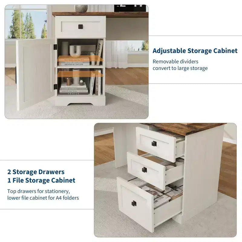 60-inch Executive L-Shaped Desk with File Drawers, Adjustable Storage Cabinet, and Corner Computer Workstation for Home Office