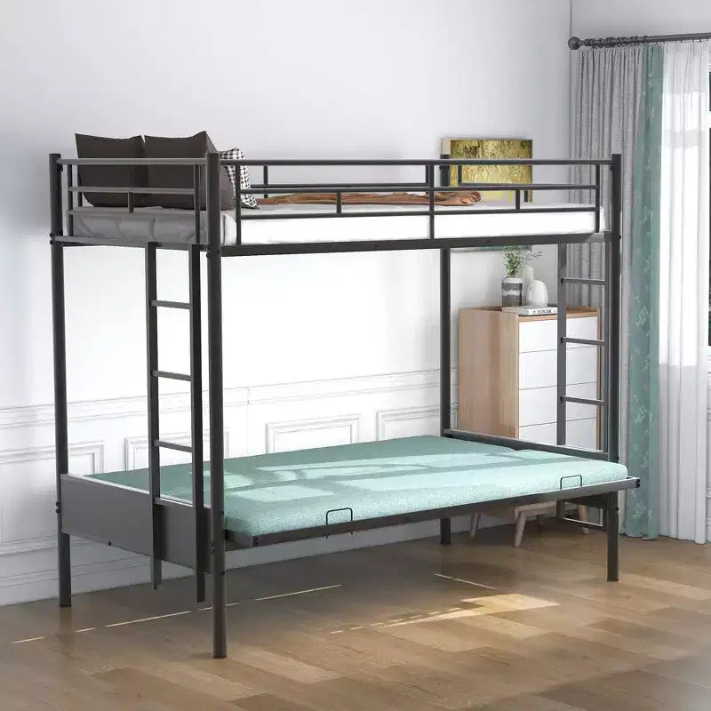 Twin over Full Metal Bunk Bed with Ladder and Guardrails, Down Bed Can be Converted Into Daybed, Multi-Function, Black