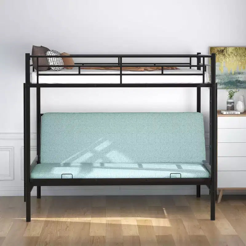 Twin over Full Metal Bunk Bed with Ladder and Guardrails, Down Bed Can be Converted Into Daybed, Multi-Function, Black