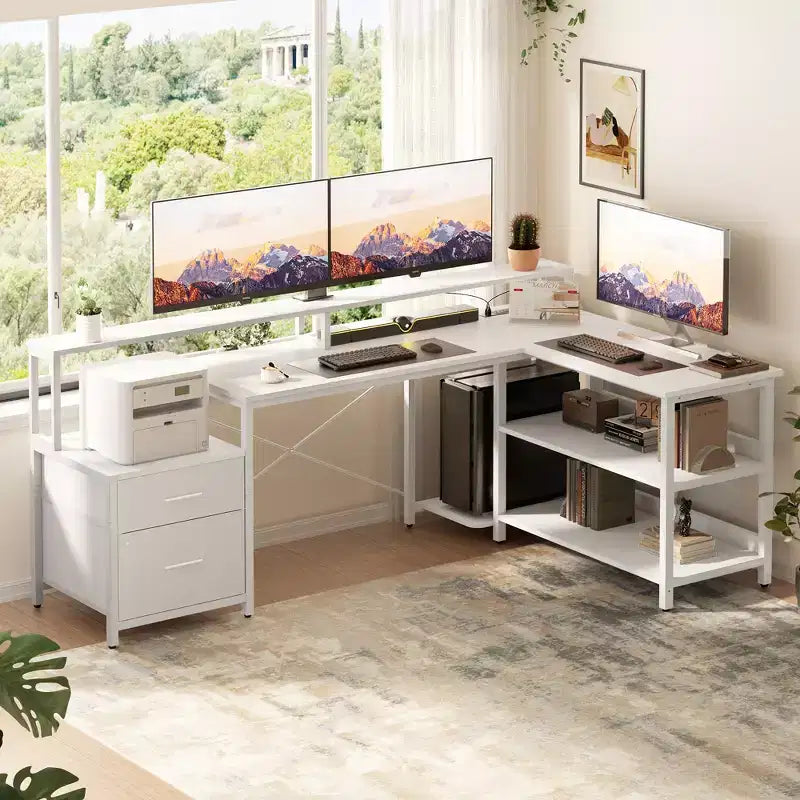 Besiost 66-73 Reversible L-Shaped Desk with Charging Station, Home Office Computer Desk with LED Lights & Drawers