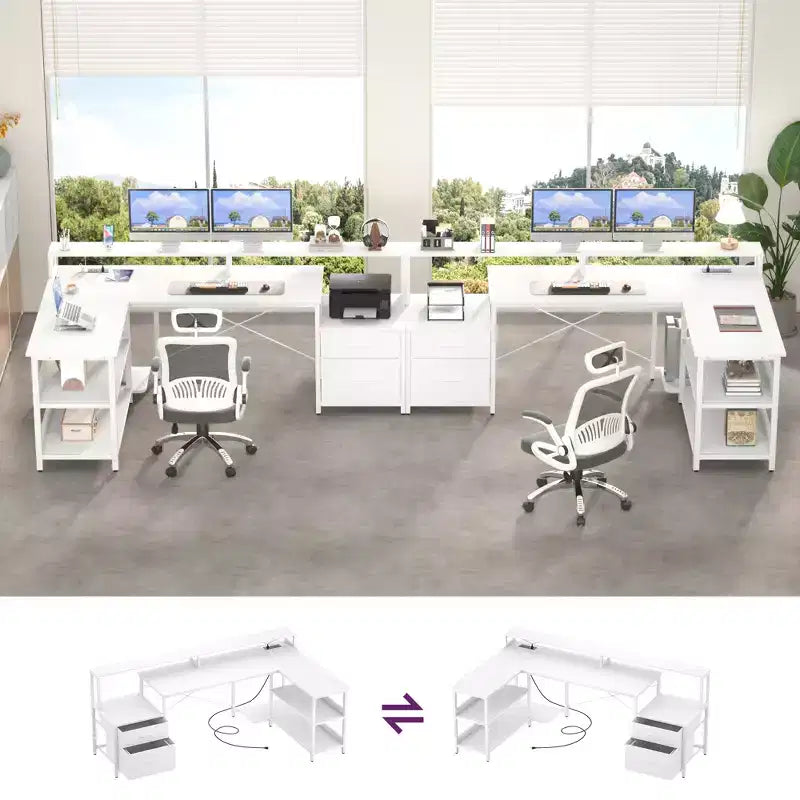 Besiost 66-73 Reversible L-Shaped Desk with Charging Station, Home Office Computer Desk with LED Lights & Drawers