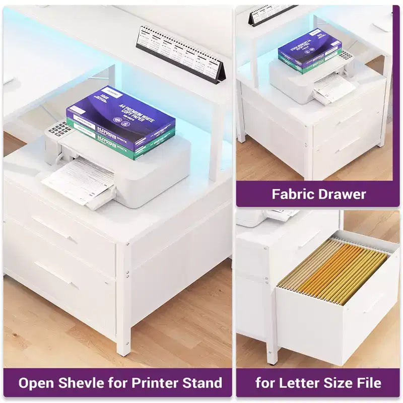 Besiost 66-73 Reversible L-Shaped Desk with Charging Station, Home Office Computer Desk with LED Lights & Drawers