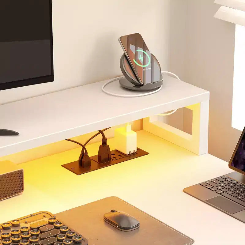 Besiost 66-73 Reversible L-Shaped Desk with Charging Station, Home Office Computer Desk with LED Lights & Drawers