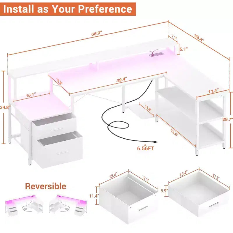Besiost 66-73 Reversible L-Shaped Desk with Charging Station, Home Office Computer Desk with LED Lights & Drawers