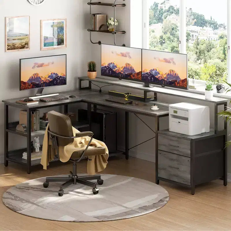 Besiost 66-73 Reversible L-Shaped Desk with Charging Station, Home Office Computer Desk with LED Lights & Drawers