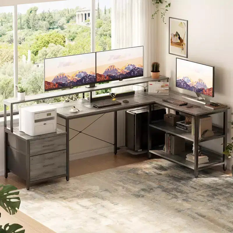 Besiost 66-73 Reversible L-Shaped Desk with Charging Station, Home Office Computer Desk with LED Lights & Drawers