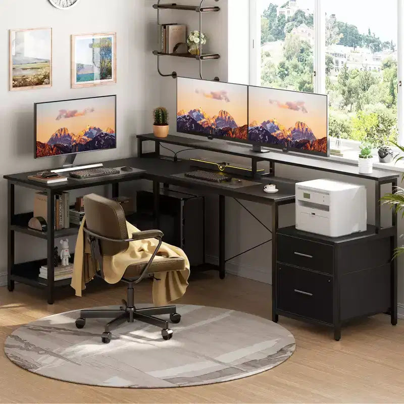 Besiost 66-73 Reversible L-Shaped Desk with Charging Station, Home Office Computer Desk with LED Lights & Drawers