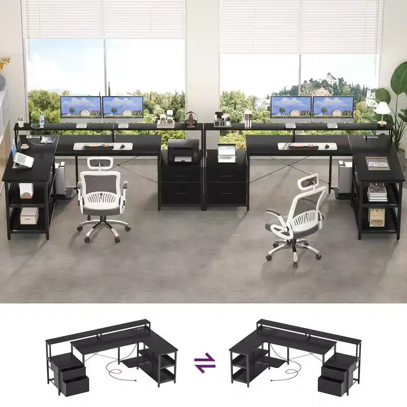 Besiost 66-73 Reversible L-Shaped Desk with Charging Station, Home Office Computer Desk with LED Lights & Drawers