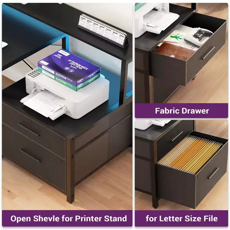 Besiost 66-73 Reversible L-Shaped Desk with Charging Station, Home Office Computer Desk with LED Lights & Drawers