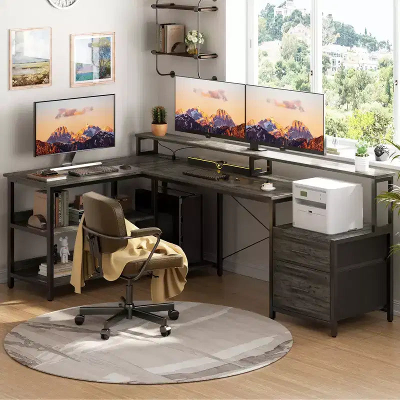 Besiost 66-73 Reversible L-Shaped Desk with Charging Station, Home Office Computer Desk with LED Lights & Drawers