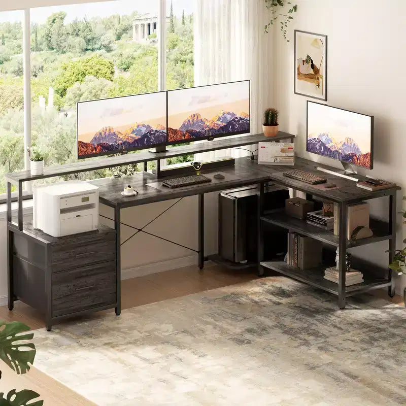 Besiost 66-73 Reversible L-Shaped Desk with Charging Station, Home Office Computer Desk with LED Lights & Drawers