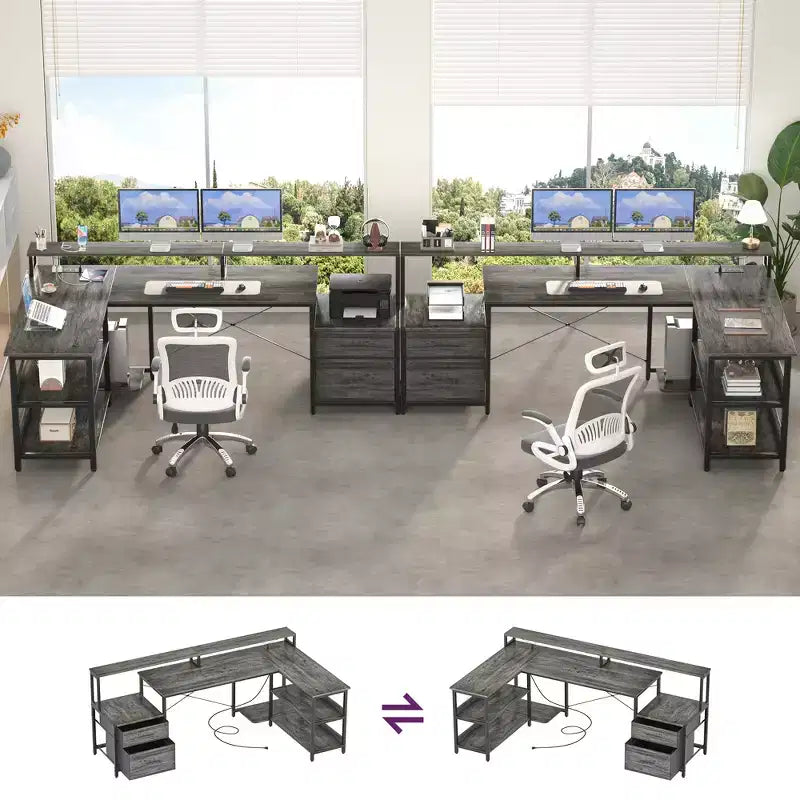 Besiost 66-73 Reversible L-Shaped Desk with Charging Station, Home Office Computer Desk with LED Lights & Drawers