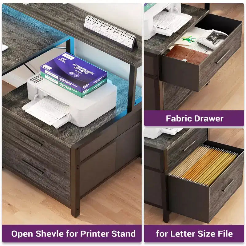 Besiost 66-73 Reversible L-Shaped Desk with Charging Station, Home Office Computer Desk with LED Lights & Drawers