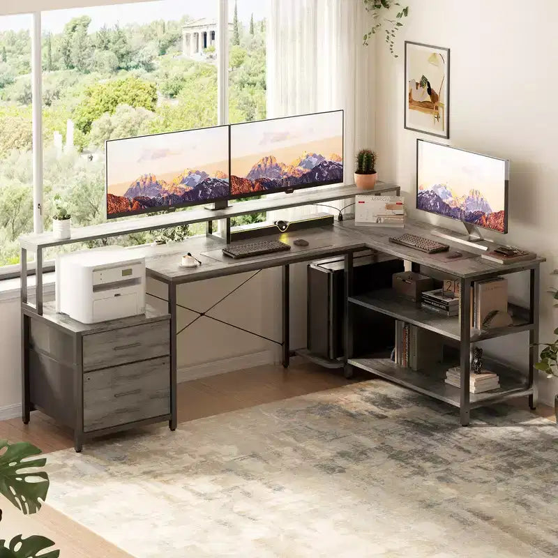 Besiost 66-73 Reversible L-Shaped Desk with Charging Station, Home Office Computer Desk with LED Lights & Drawers