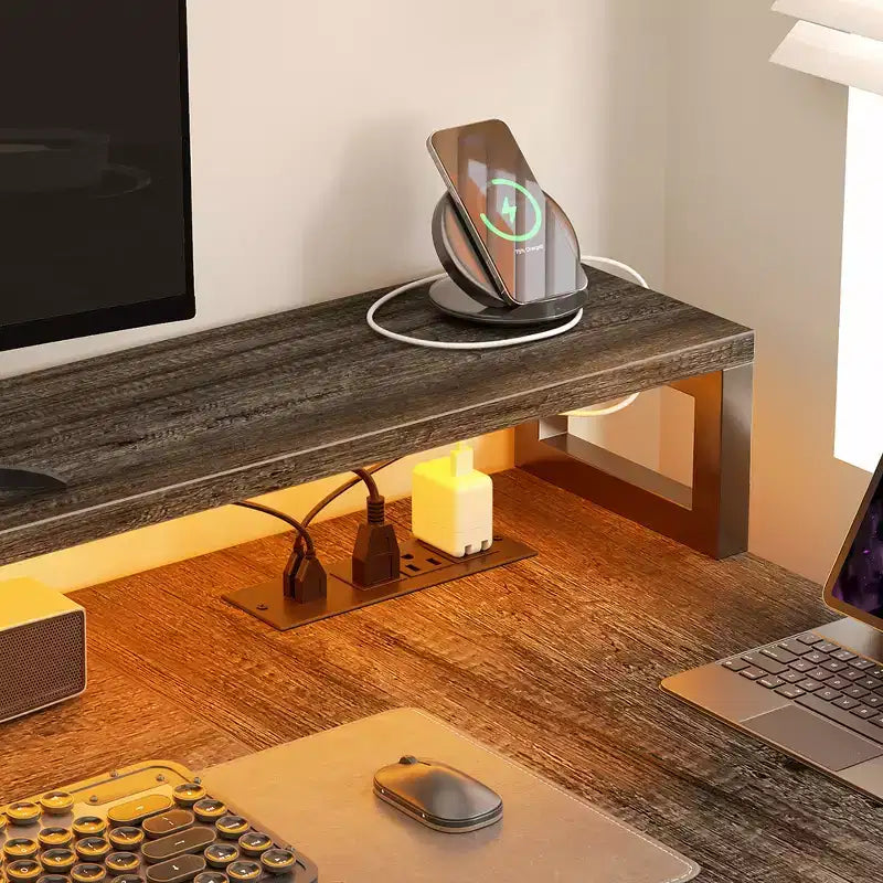 Besiost 66-73 Reversible L-Shaped Desk with Charging Station, Home Office Computer Desk with LED Lights & Drawers