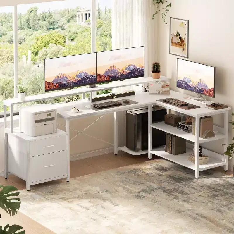 Besiost 66-73 Reversible L-Shaped Desk with Charging Station, Home Office Computer Desk with LED Lights & Drawers