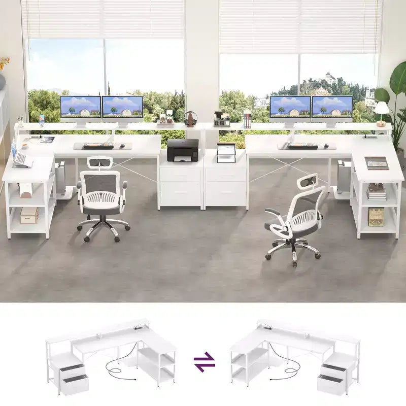 Besiost 66-73 Reversible L-Shaped Desk with Charging Station, Home Office Computer Desk with LED Lights & Drawers