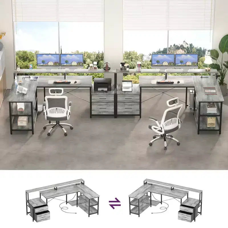 Besiost 66-73 Reversible L-Shaped Desk with Charging Station, Home Office Computer Desk with LED Lights & Drawers
