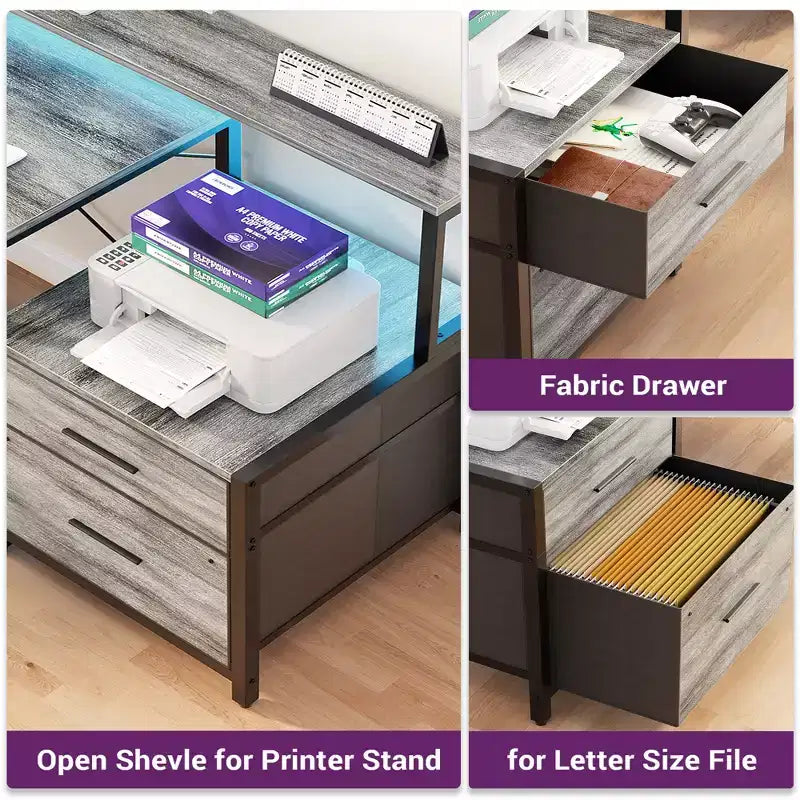 Besiost 66-73 Reversible L-Shaped Desk with Charging Station, Home Office Computer Desk with LED Lights & Drawers