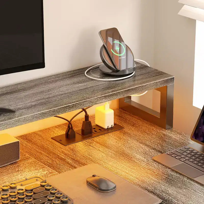 Besiost 66-73 Reversible L-Shaped Desk with Charging Station, Home Office Computer Desk with LED Lights & Drawers
