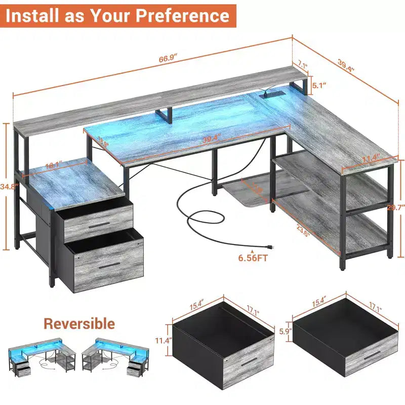 Besiost 66-73 Reversible L-Shaped Desk with Charging Station, Home Office Computer Desk with LED Lights & Drawers