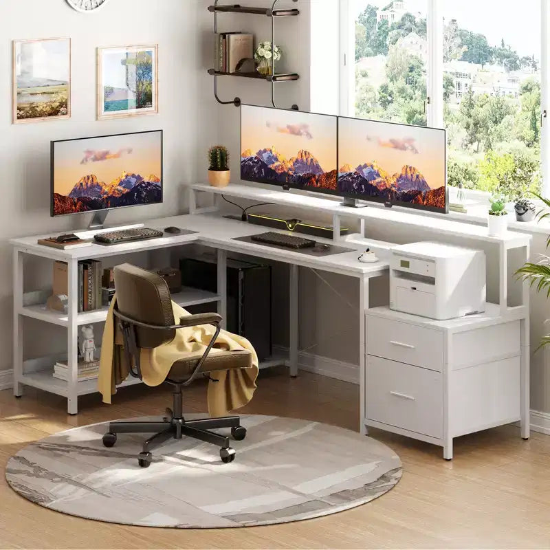 Besiost 66-73 Reversible L-Shaped Desk with Charging Station, Home Office Computer Desk with LED Lights & Drawers
