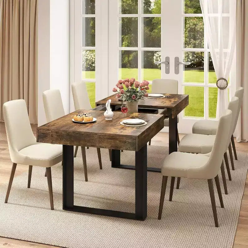 Zevemomo 63-78.7 Expandable Farmhouse Table, 6-10 Seater with Metal Track & Tapered U-Legs, Rustic Brown Rectangular Table for Dining Room & Office