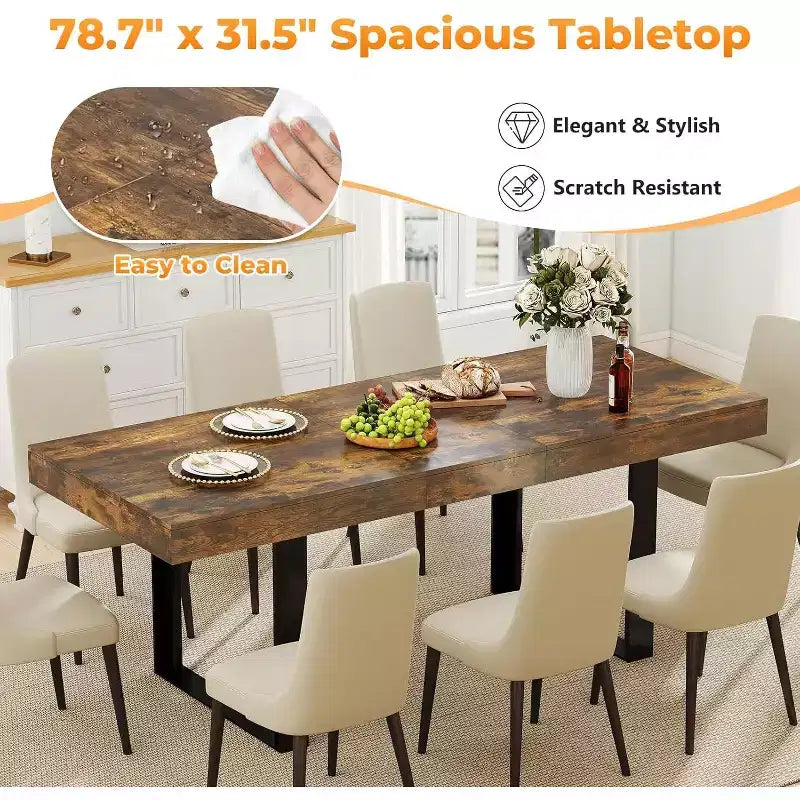 Zevemomo 63-78.7 Expandable Farmhouse Table, 6-10 Seater with Metal Track & Tapered U-Legs, Rustic Brown Rectangular Table for Dining Room & Office