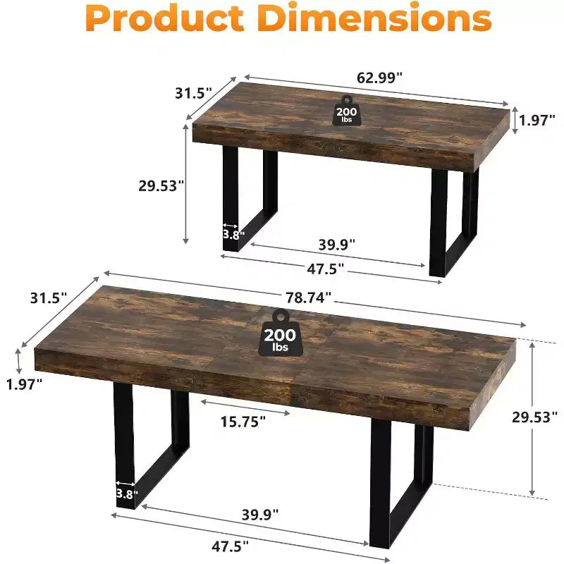Zevemomo 63-78.7 Expandable Farmhouse Table, 6-10 Seater with Metal Track & Tapered U-Legs, Rustic Brown Rectangular Table for Dining Room & Office