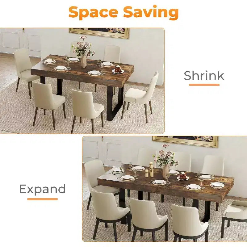 Zevemomo 63-78.7 Expandable Farmhouse Table, 6-10 Seater with Metal Track & Tapered U-Legs, Rustic Brown Rectangular Table for Dining Room & Office