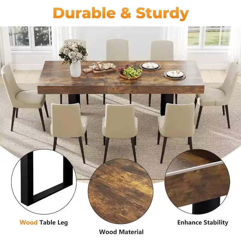 Zevemomo 63-78.7 Expandable Farmhouse Table, 6-10 Seater with Metal Track & Tapered U-Legs, Rustic Brown Rectangular Table for Dining Room & Office