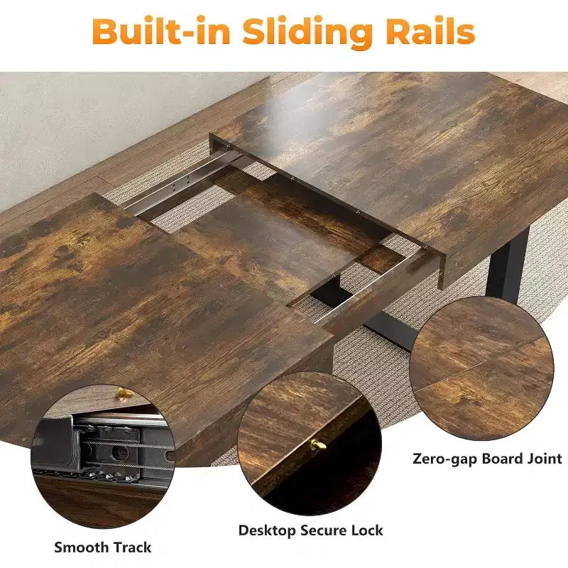 Zevemomo 63-78.7 Expandable Farmhouse Table, 6-10 Seater with Metal Track & Tapered U-Legs, Rustic Brown Rectangular Table for Dining Room & Office