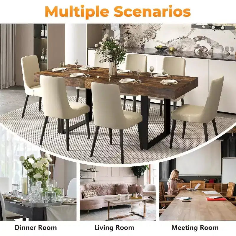 Zevemomo 63-78.7 Expandable Farmhouse Table, 6-10 Seater with Metal Track & Tapered U-Legs, Rustic Brown Rectangular Table for Dining Room & Office