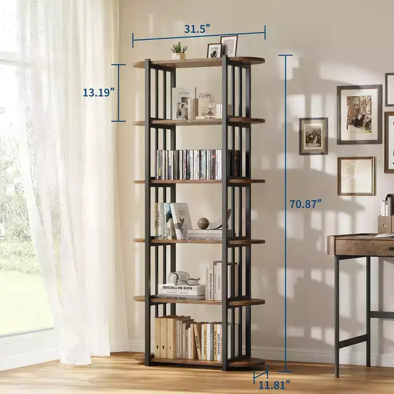 Bookshelf - 71-inch high open bookcase, six-tier freestanding wooden bookshelf with metal frame for bedroom, living room, home office
