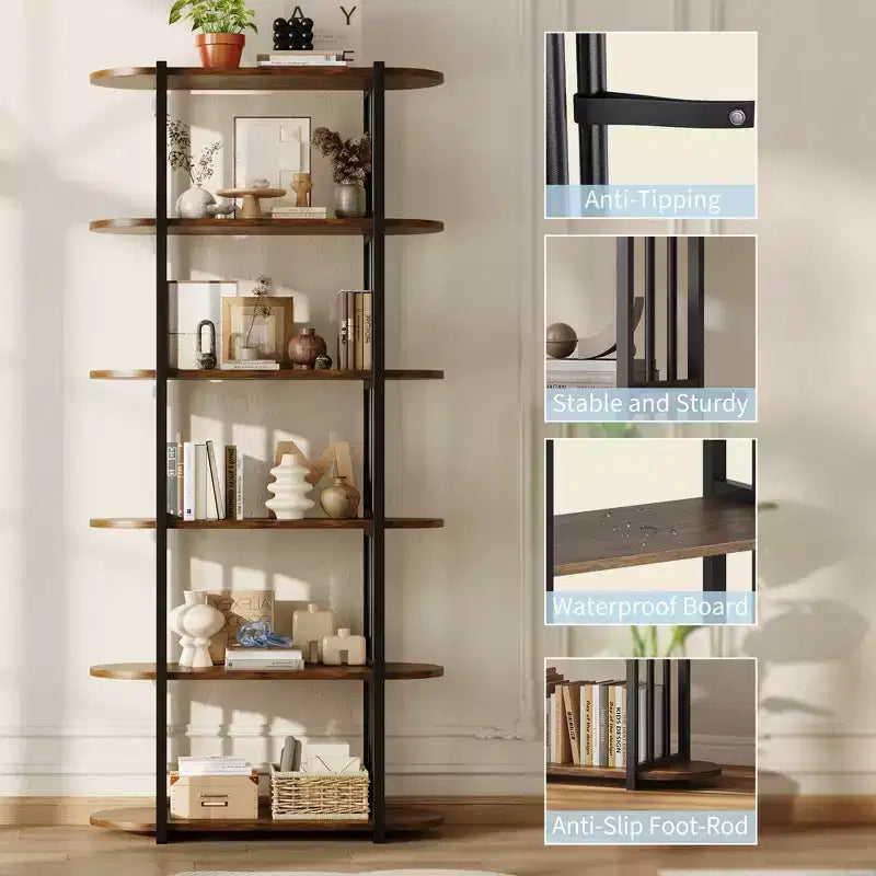 Bookshelf - 71-inch high open bookcase, six-tier freestanding wooden bookshelf with metal frame for bedroom, living room, home office