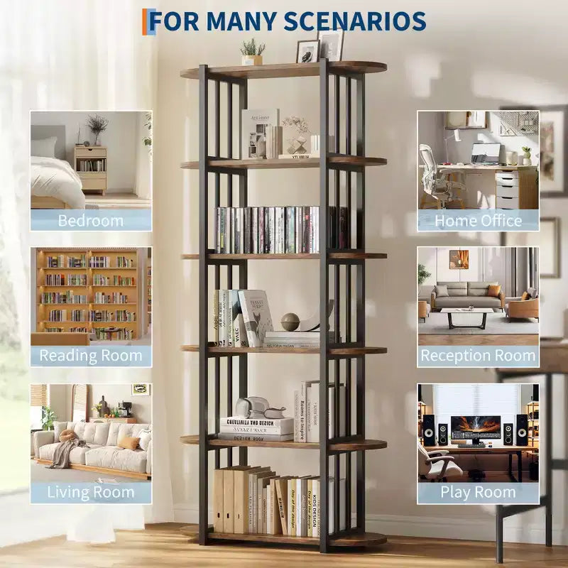 Bookshelf - 71-inch high open bookcase, six-tier freestanding wooden bookshelf with metal frame for bedroom, living room, home office