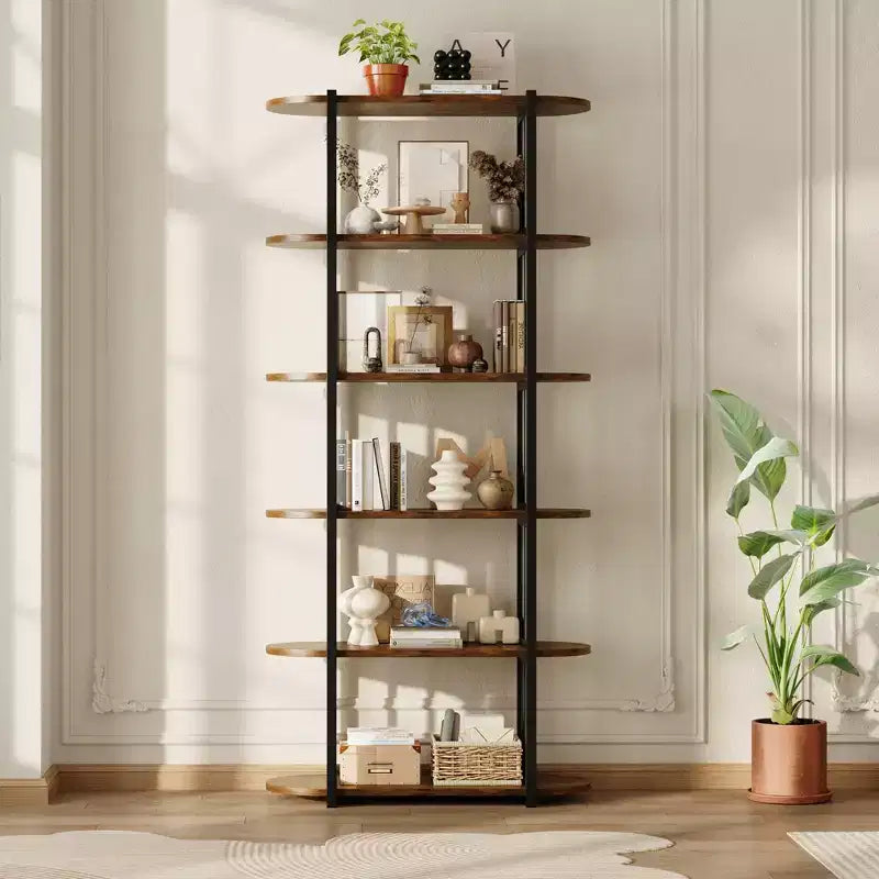 Bookshelf - 71-inch high open bookcase, six-tier freestanding wooden bookshelf with metal frame for bedroom, living room, home office