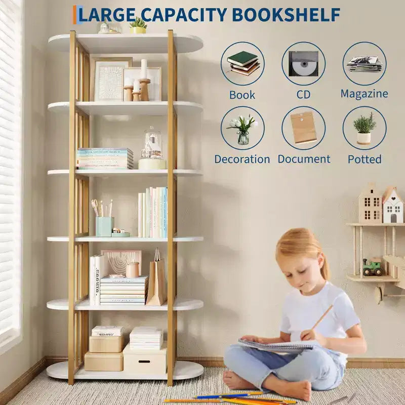 Bookshelf - 71-inch high open bookcase, six-tier freestanding wooden bookshelf with metal frame for bedroom, living room, home office
