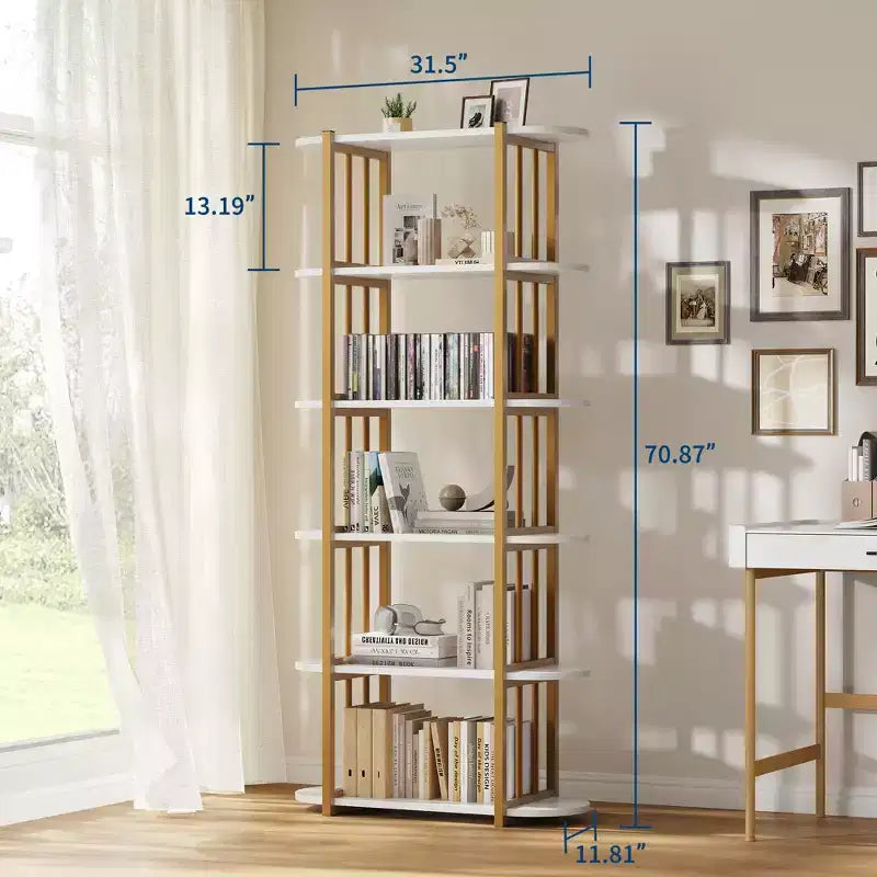 Bookshelf - 71-inch high open bookcase, six-tier freestanding wooden bookshelf with metal frame for bedroom, living room, home office