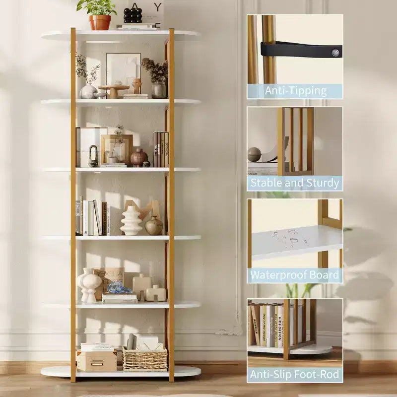 Bookshelf - 71-inch high open bookcase, six-tier freestanding wooden bookshelf with metal frame for bedroom, living room, home office