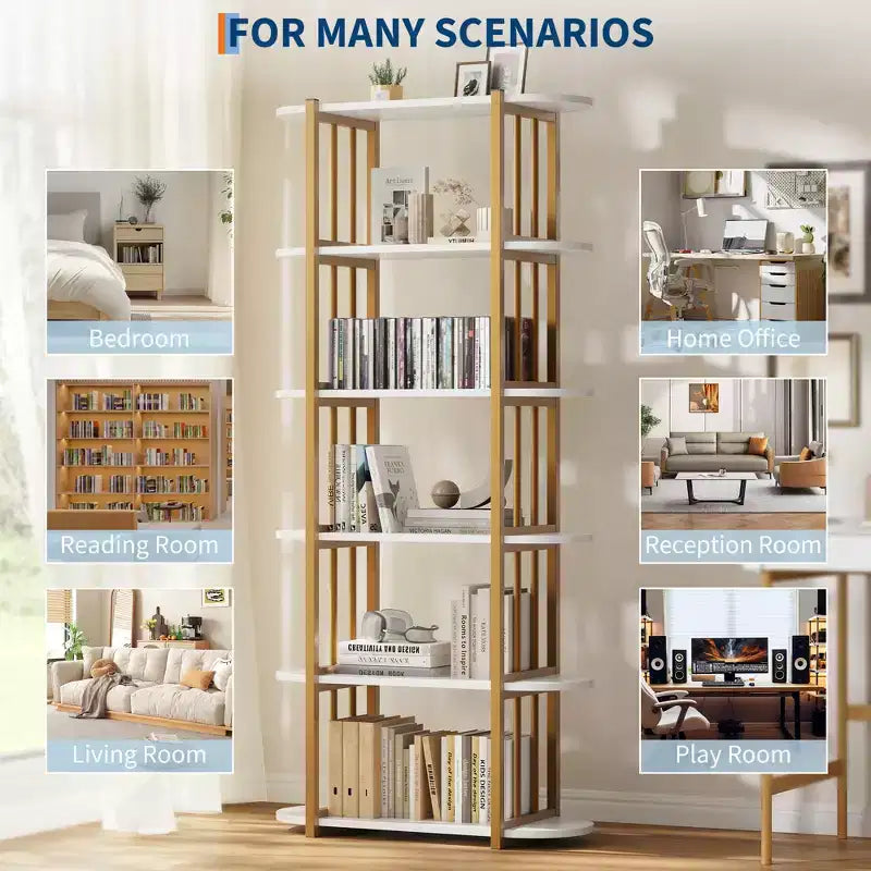 Bookshelf - 71-inch high open bookcase, six-tier freestanding wooden bookshelf with metal frame for bedroom, living room, home office