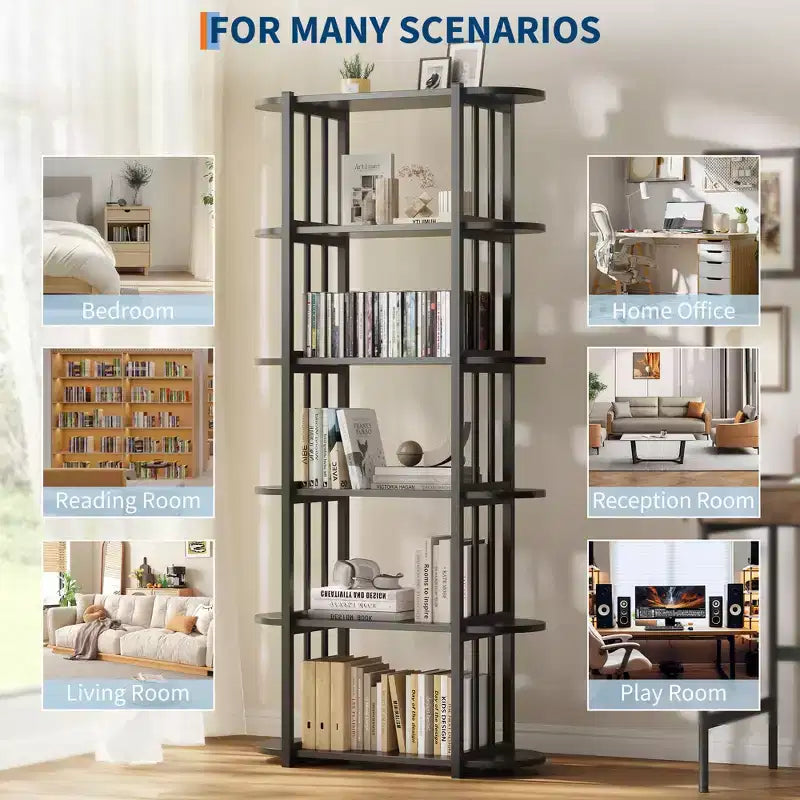 Bookshelf - 71-inch high open bookcase, six-tier freestanding wooden bookshelf with metal frame for bedroom, living room, home office