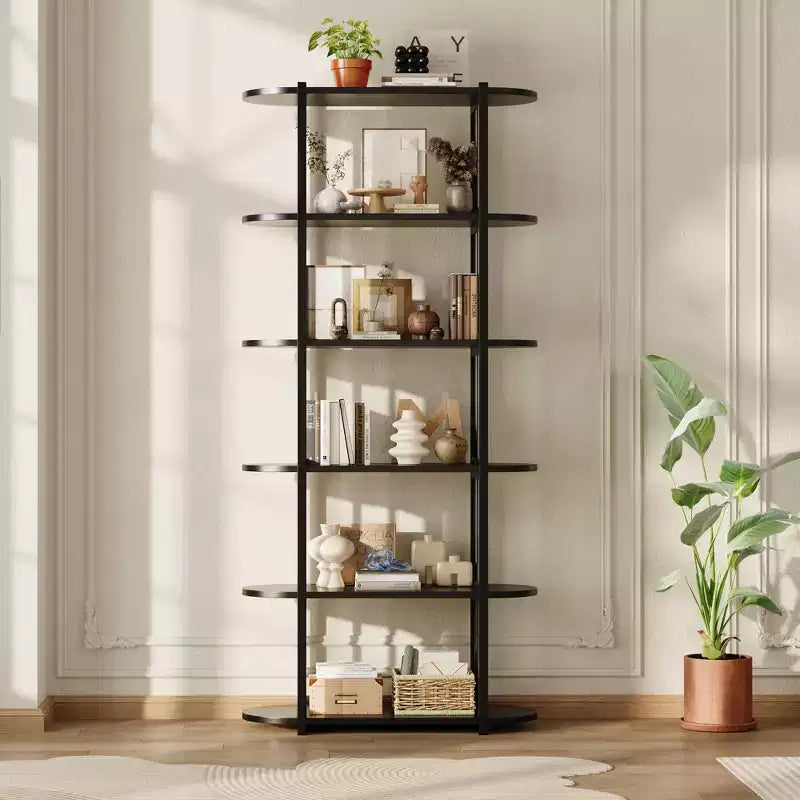 Bookshelf - 71-inch high open bookcase, six-tier freestanding wooden bookshelf with metal frame for bedroom, living room, home office