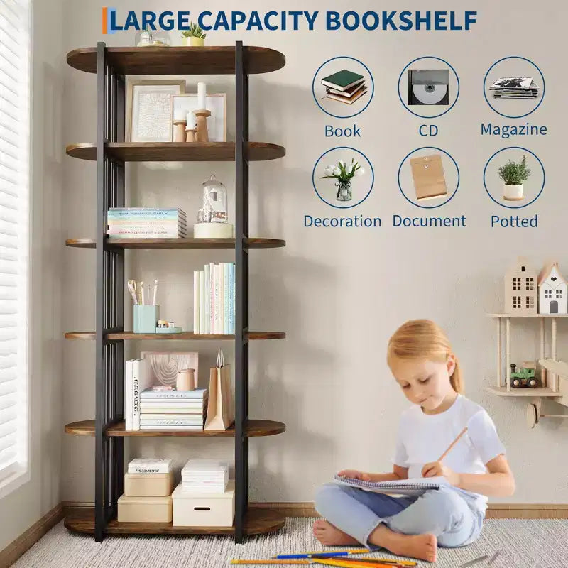 Bookshelf - 71-inch high open bookcase, six-tier freestanding wooden bookshelf with metal frame for bedroom, living room, home office