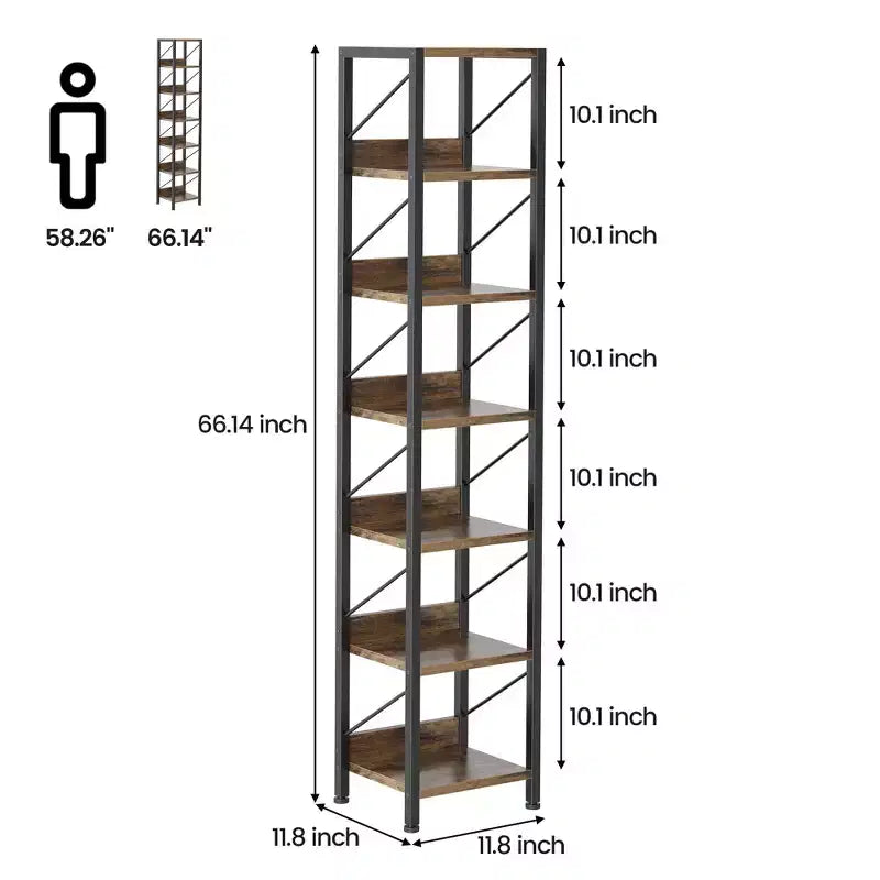 Bookshelf Narrow Bookcase Tall Skinny Storage Rack Shelf 6 Tier Standing Bookshelves Metal Frame Rustic Display Racks Industrial Book Shelf for Bedroo