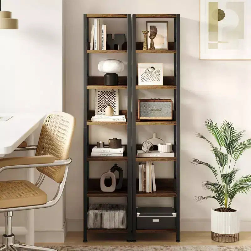 Bookshelf Narrow Bookcase Tall Skinny Storage Rack Shelf 6 Tier Standing Bookshelves Metal Frame Rustic Display Racks Industrial Book Shelf for Bedroo