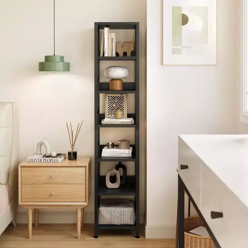 Bookshelf Narrow Bookcase Tall Skinny Storage Rack Shelf 6 Tier Standing Bookshelves Metal Frame Rustic Display Racks Industrial Book Shelf for Bedroo